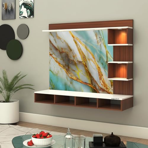Image of TV Cabinet for Bedroom 32 inch to 65 Inches Engineered Wood TV Entertainment Unit Back Side 3mm UPVC Self Adhsive Waterproof Sheet and Lights (Sea Green-Blue, 32-55 Inches, with Fitting)