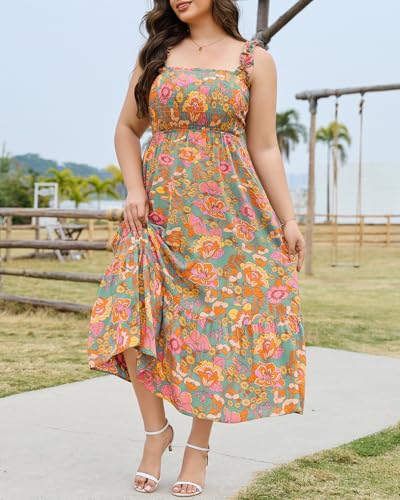 Image of Plus Size Summer Dress - Sun Boho Beach Casual Floral Spaghetti Strap Sleeveless Long Maxi Dresses