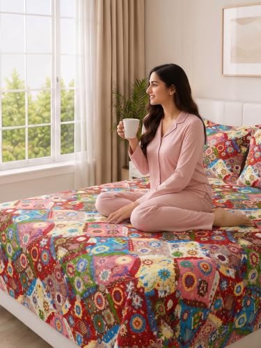 Image of Mafatlal 130 GSM Pearl Double Bed Linen Set with 2 Pillow Covers | 90 x 100 Inch | Soft Touch Finish | Lightweight Construction, Durable Fabric, Stylish Bedroom Upgrade, Machine Washable | Red Multi