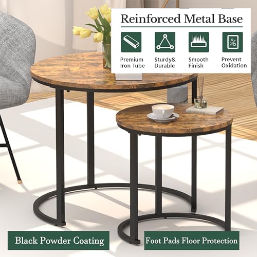 Coffee Table Nesting Table Set of 2 Side Set Black Frame Wooden Tables, Living Room Bedroom Apartment Modern Industrial Simple Nightstand (Black+Rustic Brown) - Image 6