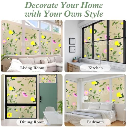 Image of MOCOCO Premium Vinyl Privacy Stained Window Glass Sticker (12x25 Inch) - Self-Adhesive Decorative Film Opaque Sheet Tint Wallpaper for Glass Cover Window, Door, Office.| Anti-UV. Pink Yellow Flowers