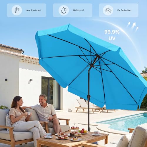 Image of ABCCANOPY 9ft Scalloped Patio Umbrella, Outdoor Table Umbrella with Tilt and Crank, Fiberglass Ribs Deck Umbrella for Patio, Pool, Garden, Picnic (Aquamarine)