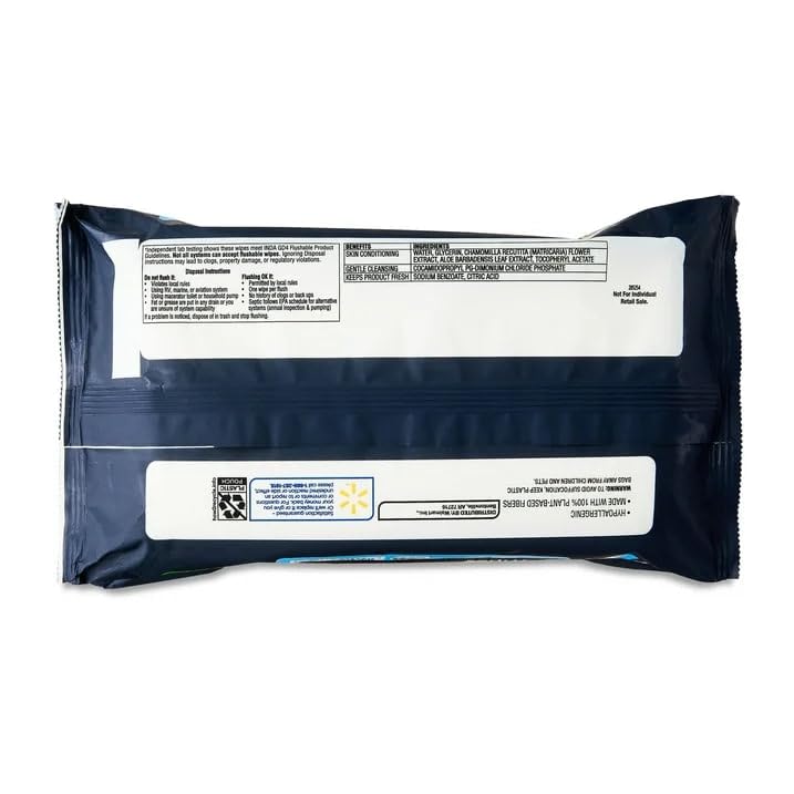 Equate Extra Large Flushable Wipes, Fragrance Free, 7x7 Inch, 144 Wipes, 3 Pack, Plant-Based Fibers, Hypoallergenic