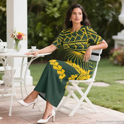 Image of Polynesian Dress for Women Short Sleeve High Waist Maxi Skirt | Puletasi dress, t-shirt and skirt two-piece, elastic material, lightweight, soft, plus size, luau party, wedding, clubwear