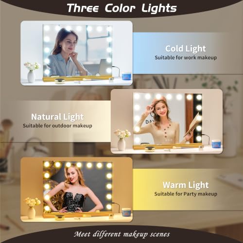 Image of Vanity Mirror with Lights Lighted Makeup Mirror with Dimmable LED Bulbs,3 Color Lighting Modes,USB Charging Port Touch Control,Sturdy Metal Frame Design (Gold, 22.8 * 18.9inch)