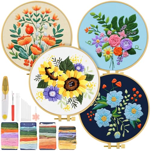 TINDTOP 4 Sets Embroidery Kit for Adults, Floral Embroidery Practice Kit for Beginners Include Embroidery Cloth Hoops Threads for Craft Lover Hand Stitch with Embroidery Skill Techniques