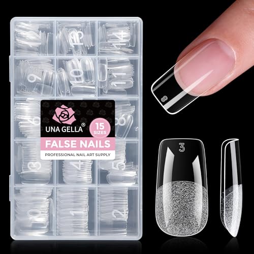 UNA GELLA Square Gel Nail Tips 15 Sizes Medium Square Press on Nails 300pcs Pre Etched Soft Gel Fake Nails Full Cover For Nail Extension Home DIY Nail Salon for Women