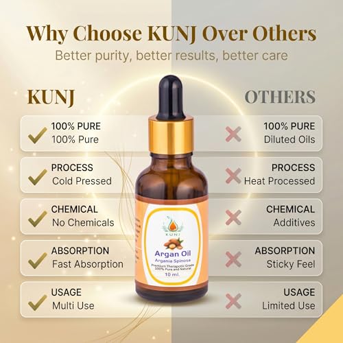 Image of KUNJ Argan Oil 10ml | 100% Pure & Natural Cold Pressed Moroccan Argan Oil | Undiluted Oil for Hair Nourishment, Skin Hydration, Face Care & DIY Beauty Use