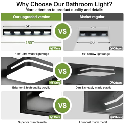 Image of Torondo 360 Rotate LED Bathroom Vanity Light Fixtures, Acrylic Vanity Lights for Bathroom, Modern Wall Lighting Fixtures Over Mirror Living, Matte Black, Natural White, 5-Light, 34-Inch
