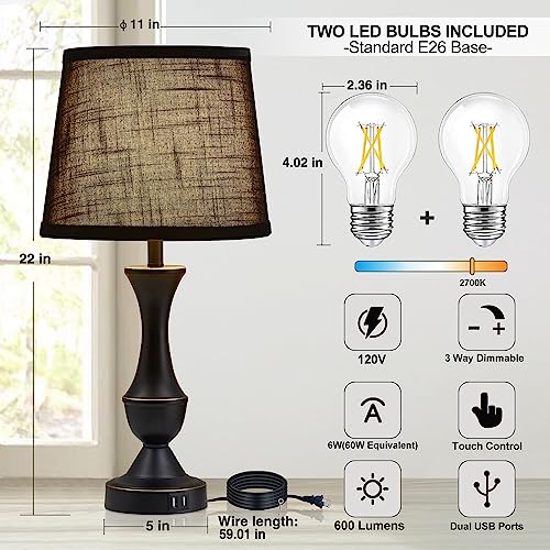 Image of Luvkczc Black Touch Table Lamps Set of 2, 22 inch Tall Bedside Lamps