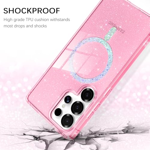 Image of BENTOBEN for Samsung S25 Ultra Case Clear Glitter, Galaxy S25Ultra Magnetic Phone Case [Compatible with MagSafe] Shockproof S25 Ultra 6.9-inch Cute Cover for Women Girl, Shine Hot Pink Glitter