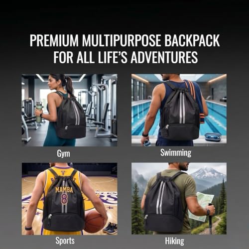 Image of Sports Drawstring Bag Backpack for Men Women - Basketball Bag Gym Backpack Dedicated Shoe Compartment | Waterproof Large Space Gym Bag