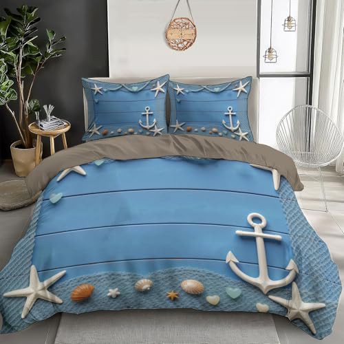 Housse de couette 200x200 maritime avec 2 taies d'oreiller
