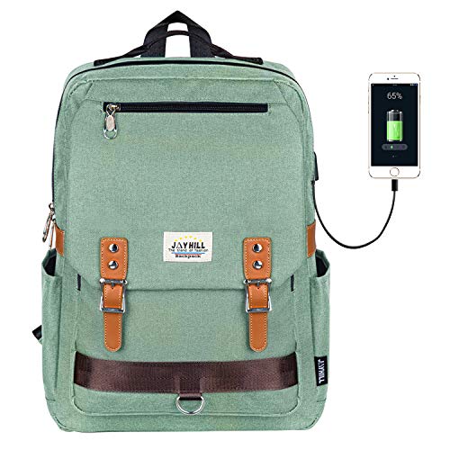 College Vintage Backpack Fashion 15.6" Laptop Rucksack with USB Charging(Green)