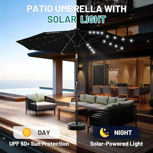 Image of AreShark 9FT Patio Umbrella with Solar Lights, 32 Lighted Pool Umbrella w /Tilt and Crank, Outdoor Market Solar Umbrellas for Garden, Deck, Backyard, Pool and Beach, Black