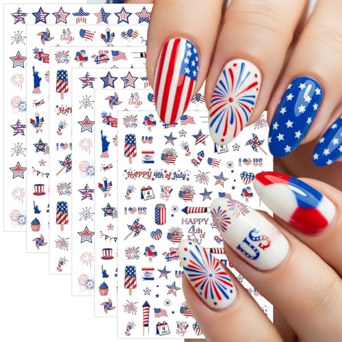 6 Sheets Happy 4th of July Nail Stickers Independence Day Heart Cake Star Nail Art Stickers Self-Adhesive American Flag Nail Art Supplies Fourth of July Patriotic Nail Decals for Women