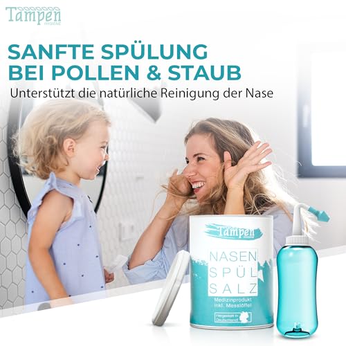 Tampen Nasendusche Erwachsene & Kinder – inkl. 120x Premium Nasenspülsalz (300g), Messlöffel & 3 Aufsätze – Nasenspülkanne - Nasenspülung mit Nasensalz für schonende Nasenreinigung - Nasal Rinse 6