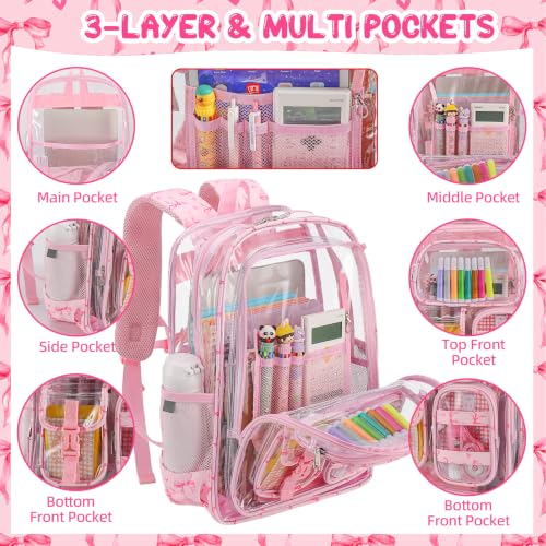 Image of Three-layer Clear Backpack, Heavy Duty Clear Bookbag for Kids, See Through Backpack Transparent Bag for Girls Boys (Pink Bow)