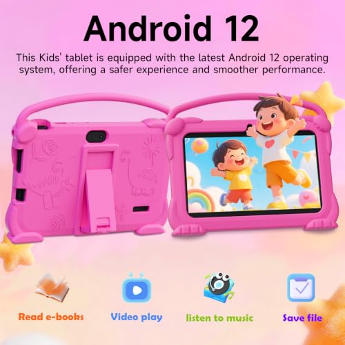 Image of YQSAVIOR Kids Tablets, Android 12 Tablet for Kids, 4GB RAM 32GB ROM Toddler Tablet 7 inch IPS Screen, Parental Control, 2+5MP Dual Camera, Shockproof Case for Educational Games (Pink)