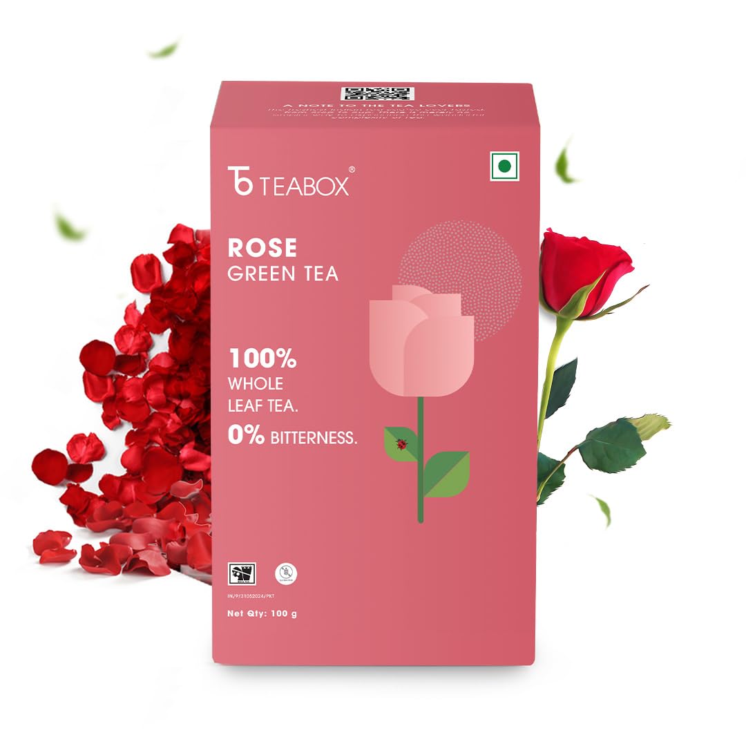 Organic Rose Green Tea Loose Leaves 100 Grams | For Glowing Skin | Made with 100% Whole Leaf & Natural Rose Petals