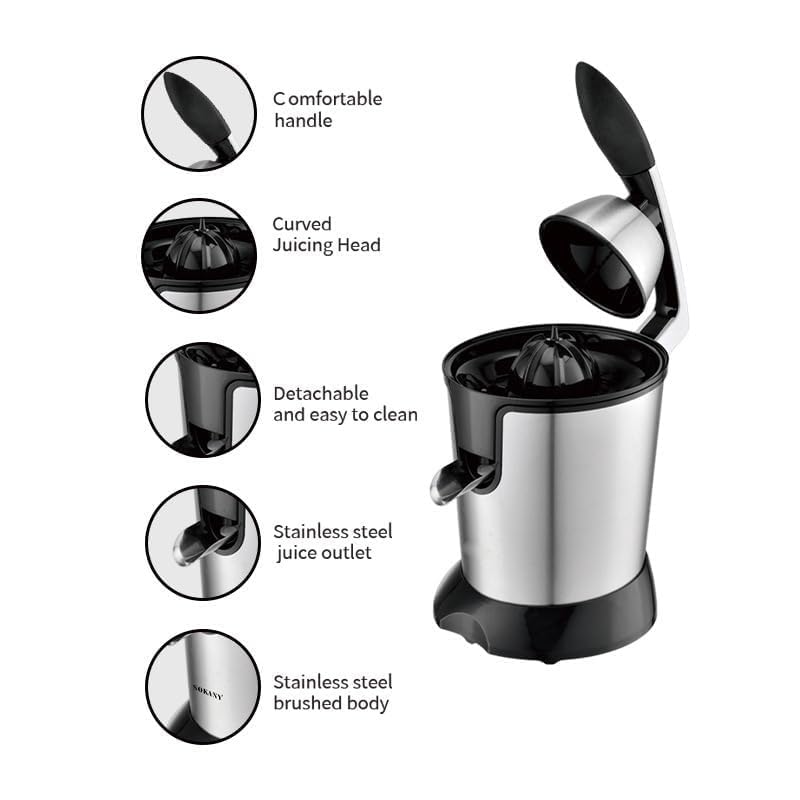Exprimidor eléctrico de cítricos de 160 W, exprimidor de acero inoxidable de 400 ml para naranjas y limones. Apagado automático, piezas aptas para lavavajillas. Diseño compacto para uso doméstico. L