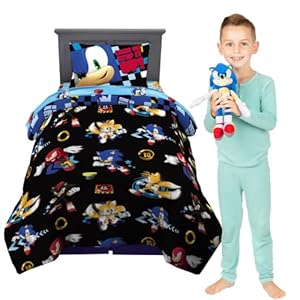 Franco Sonic The Hedgehog Anime Children Bedding Twin/Full Comforter with Twin Sheet Set and Cuddle Pillow, 5 Piece Bed room Set (Official Sega Licensed Product)
