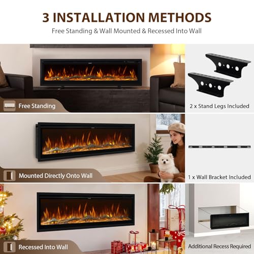 INMOZATA Electric Fire Wall Mounted/Recessed/Freestanding 40in 50in 60in Electric Fireplace with Remote & Touch Screen Control 9 LED Color Flame Effect, 2 Heat Settings 900W&1800W, Crystal & Log Set - Image 4