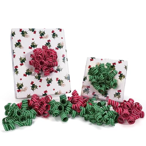 LaRibbons Red and Green Curly Gift Bows, Self Adhesive for Gift Wrapping