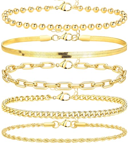 Gold Bracelets for Women Stack Non Tarnish, 14K Gold Plated Stackable Bracelets Set for Women Trendy, Waterproof Simple Jewelry Sets Gifts Inclued Beaded/Cuban/Paperclip/Herringbone/Rope Link Chian, Fashion Accessories