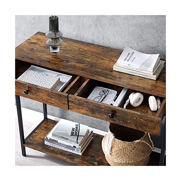 VASAGLE Console Table, Entrance Table, Sofa Table with 2 Drawers, Steel Frame, Stable, for Hallway, Bedroom, Living Room, Industrial Style, Rustic Brown and Black LNT010B01 - Image 6