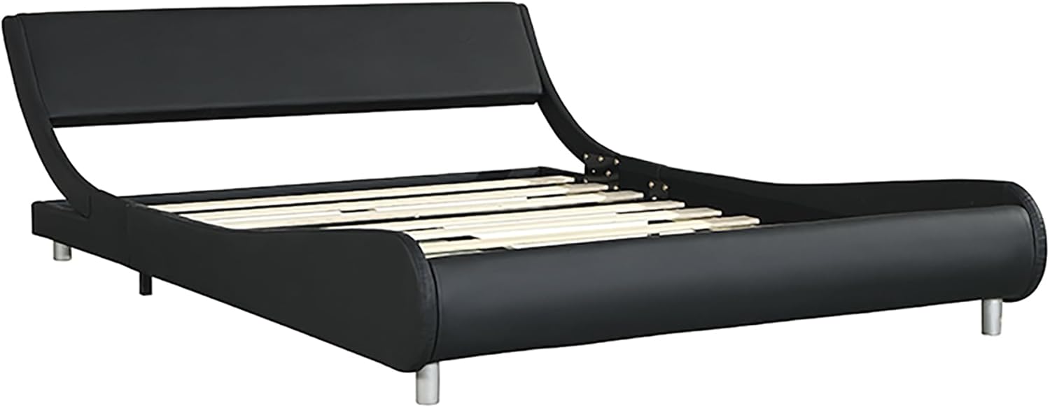 Queen Upholstered Platform Bed Frame with LED Lights,Curve Design Faux Leather Upholstered Platform Bed,Wood Slat Support, No Box Spring Needed, Easy Assembly for Living Room Black