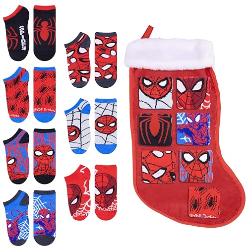 Marvel Spiderman Boys 7-Pack Crew Socks with Christmas Stocking Officially Licensed Designs Perfect Holiday Gift for Kids
