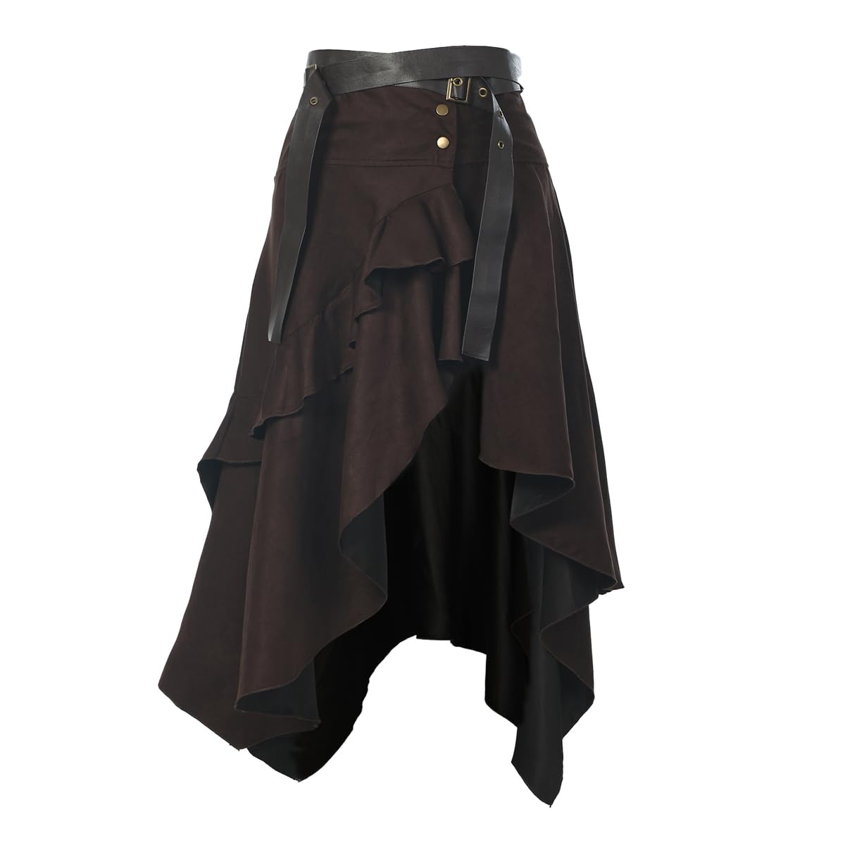 Vintage Suede Skirt for Women Gothic Punk Style Irregular Ruffled High Waist A-line Skirt with Belt Brown โ image 1