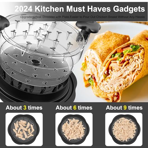 Chicken Shredder with Separate Plate, Large Meat Shredder Tool Twist with Transparent Lid&Brush, Visible Manual Chicken Breast Shredder, Dishwasher Safe, Ergonomic Handle, Easy to Clean(Black)