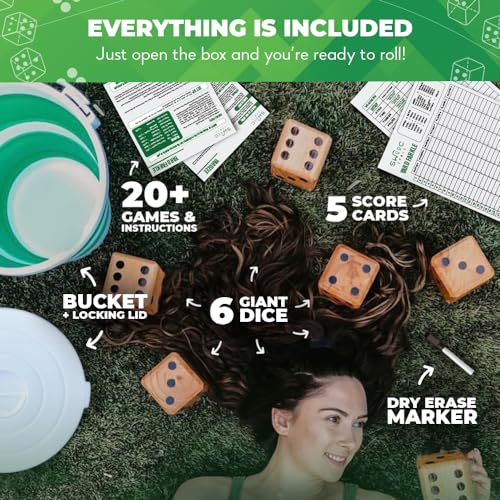 SWOOC Games – Yardzee, Farkle, & 20+ Giant Dice Games – Yard Dice (All Weather) w/Bucket, Scorecards, & Marker – Giant Outdoor Games – Giant Yard Games for Adults – Big Dice Jumbo Dice – Large Dice