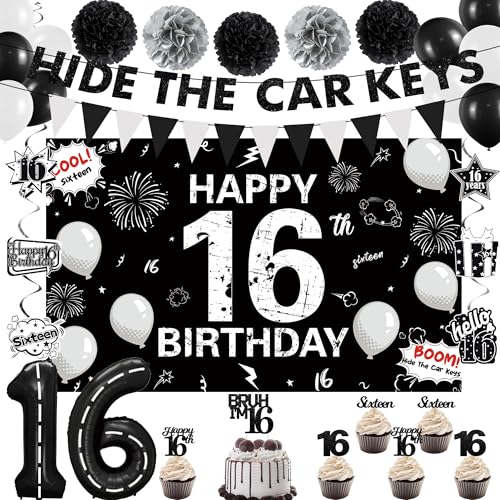 Image of Holkcog Black 16th Birthday Party Decorations for Boys, Cheers To 16 Years