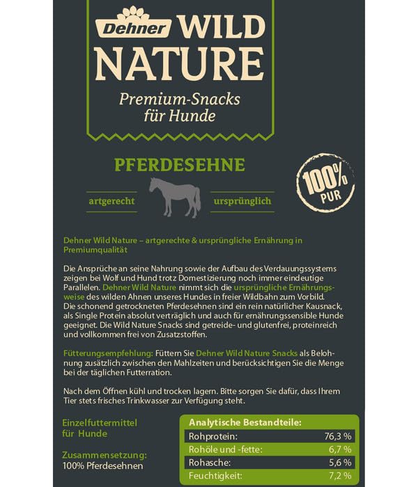 Dehner Wild Nature Hundesnack, Premium Leckerli glutenfrei / getreidefrei, Kausnack für Hunde, Pferdesehnen, 200 g
