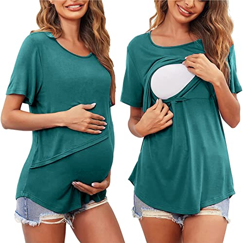 Blusa feminina para gestante ursing de manga curta com gola redonda lisa para gestantes (azul-marinh
