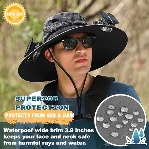 Image of Outdoor Wide Brim Sun Hat with 2 Solar Fan Sun Bucket Hat for Men Women UPF 50+ Bucket Fishing & Beach Hat with Fan Built in