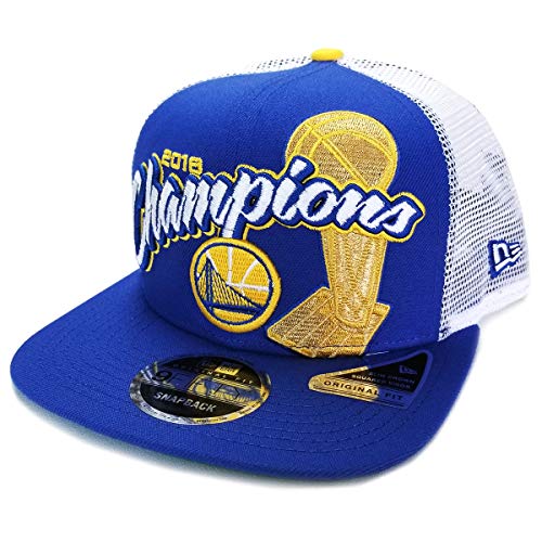 New Era Golden State Warriors 9FIFTY 2018 NBA Finals Champions Trophy Trucker Snapback Hat, Adjustable Royal Blue White Cap