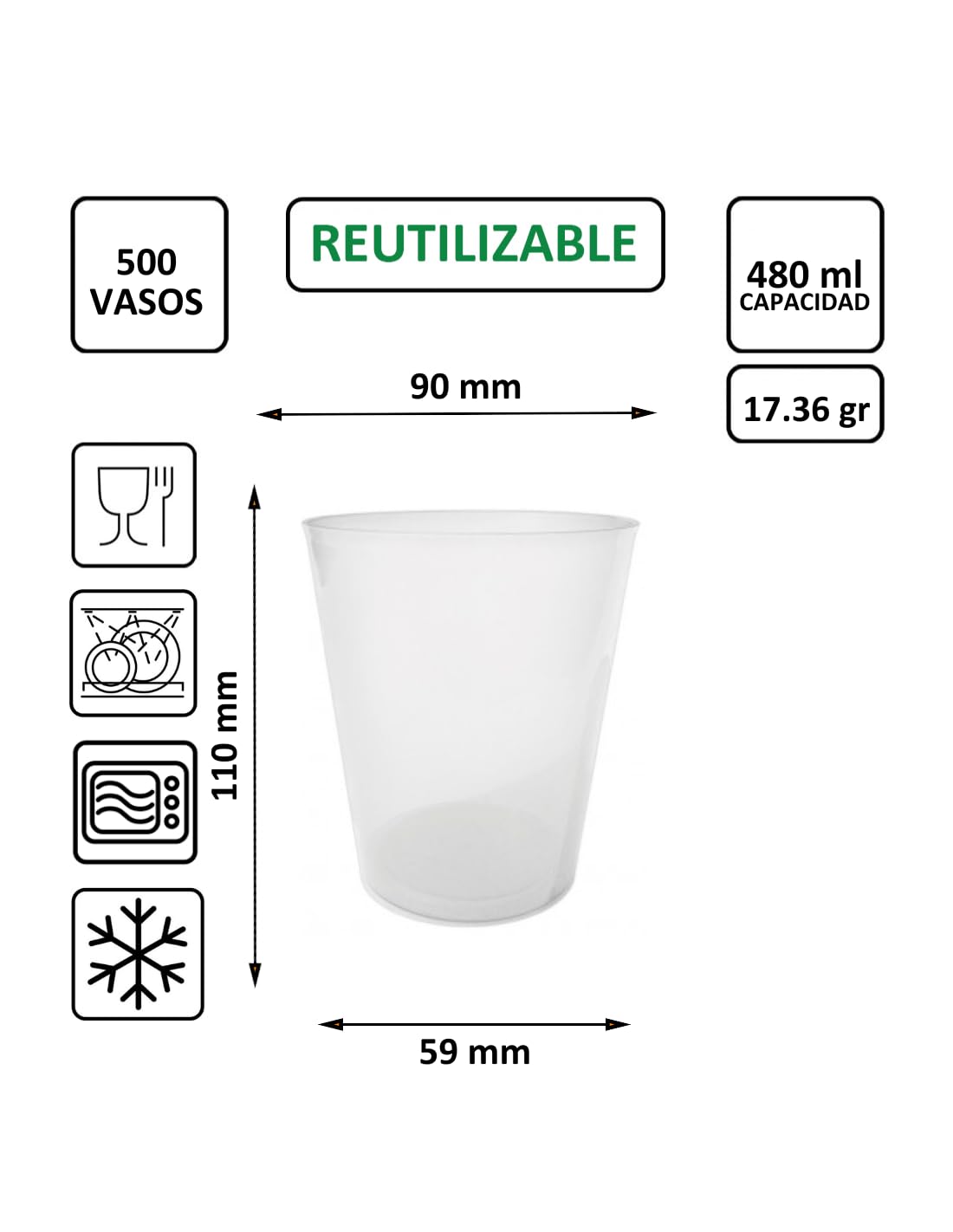 450 uds - Vaso Sidra 480 ml Reutilizable Ligero - Polipropileno (PP) - Color traslúcido - Vaso ecológico Libre de BPA, Ideal para cerveza, cubatas, agua