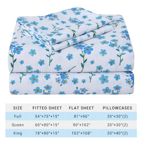 Image of Viviland Floral Full Sheet Set - 4 Piece Country Fresh Blue Flower Patterned Bed Sheets - Soft, Breathable Microfiber Sheets with Deep Pocket, Non-Slip Fitted Sheets & Pillowcases