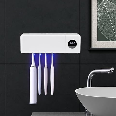 Toothbrush Cleaner, Toothbrush Sterilizer and Holder, Cordless Wall Mounted Toothbrush Holder, Wall Mounted Toothbrush Holder, 4 Toothbrush Slots and Timer Multi-Functional for Bathroom Cover