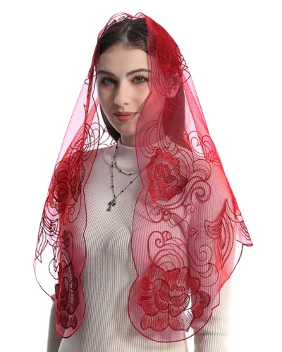 Bozidol Catholic Mantilla Mass Veil Church Lace Veil Chapel Head Covering Velos para ir a la iglesia with Hairclips (Red)
