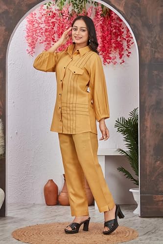 Image of Women's Yellow Rayon Co-Ord Set | Unique Style Collar Neck Full Sleeve Shirt & Matching Pants | Thread Work Ethnic Wear Kurta Set
