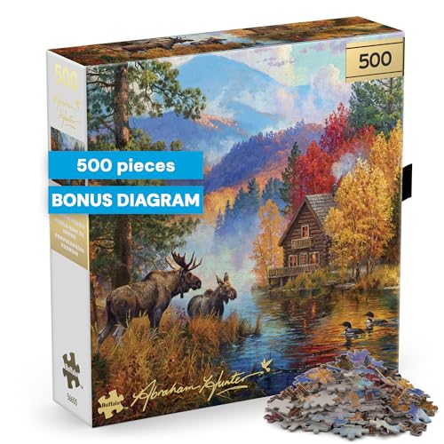 Rompecabezas Buffalo Games - Lago Adirondack, 500 piezas para adultos | Arte de Abraham Hunter, acabado en dorado, tamaño final 15 x 21,25 pulgadas, incluye póster, tablero reciclado, caja de exhibición para regalo miniatura 1