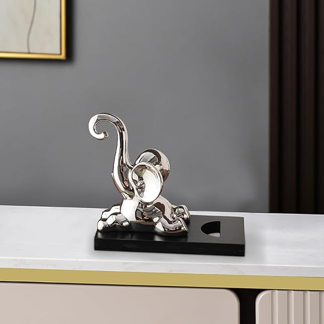 ELEGANTZ Modern Wine Bottle Holder ¨C Decorative Elephant Design with Chrome Finish ¨C Single Bottle Display Stand for Countertop, Bar, or Dining Table ¨C Elegant Wine Rack with Black Base