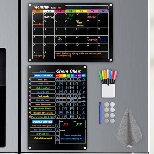 Image of Black Magnetic Acrylic Dry Erase Calendar for Fridge, Monthly & Weekly /Chore Chart Planning Board Set for Kids /Adults /Teens, Includes 7 Colorful Markers, 16 inchx12 inch