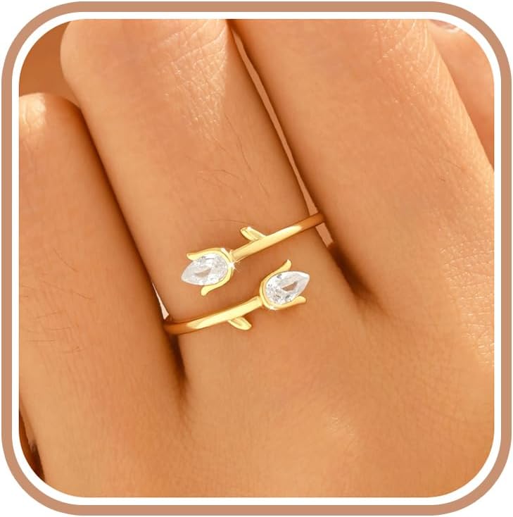 Tulip Flower Ring for Women,925 Sterling Silver Gemstone Flower Stackable Rings to Daughter Mother 14k Gold Plated Rose Flower Open Finger Wrap Band Ring Wedding Summer Jewelry Gift