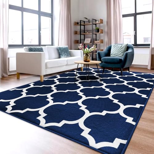 Aspire Homeware Rugs Living room 120 x 170 Anti Slip Trellis Style Bedroom Rug – Soft Easy to Clean Floor Carpets for Nursery Room, Lounge, office– Non-Shedding Large Navy Blue Area Rugs (Ava Navy)